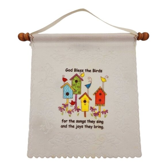 Floral Lace Window Hanging Panel God Bless the Birds birdhouse flowers 7 x 8 - Picture 4 of 6